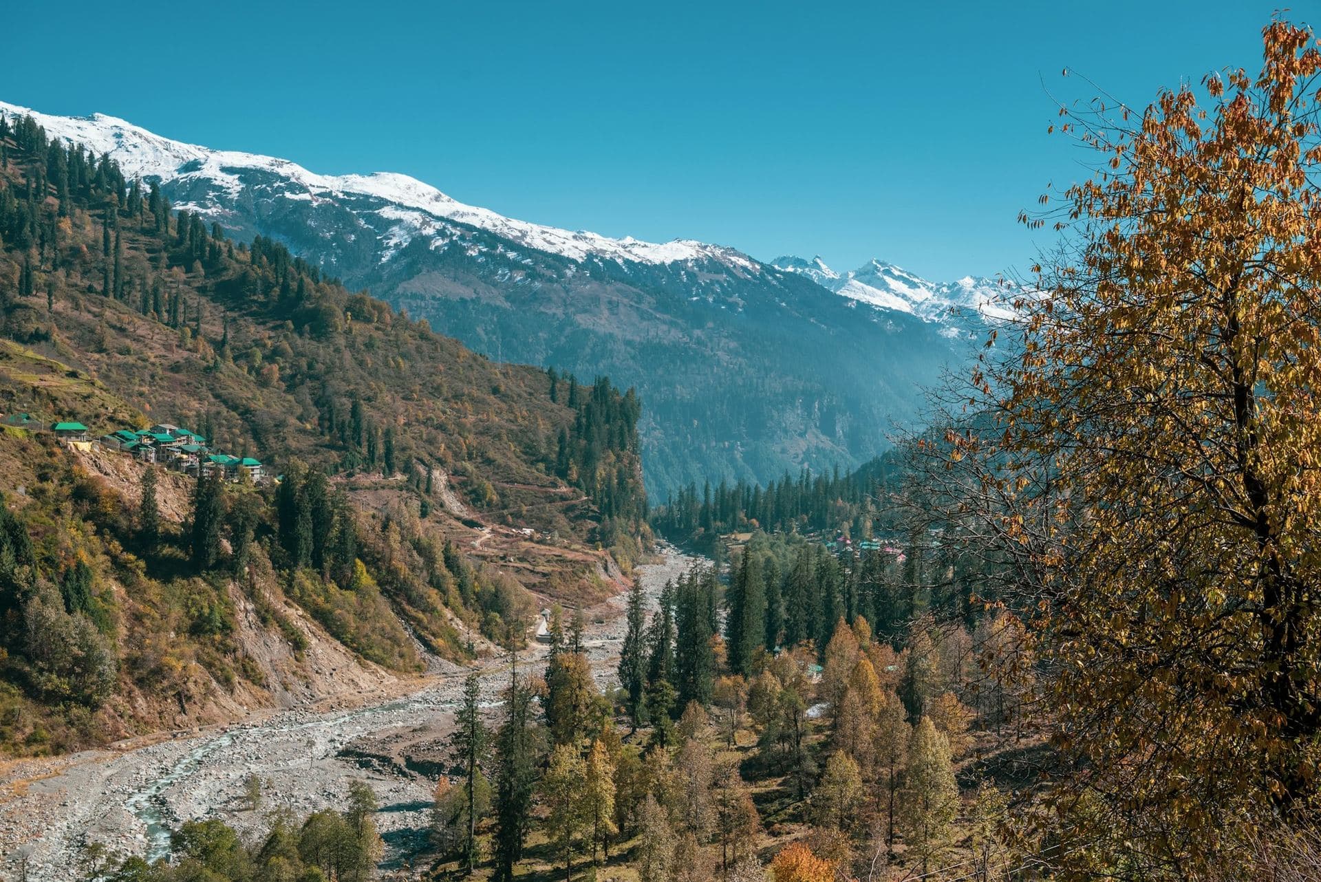 Woollen layers, a down jacket and trekking boots laid out on a wooden bench with the snow line visible through the window at Persimmon Farmstead near Manali